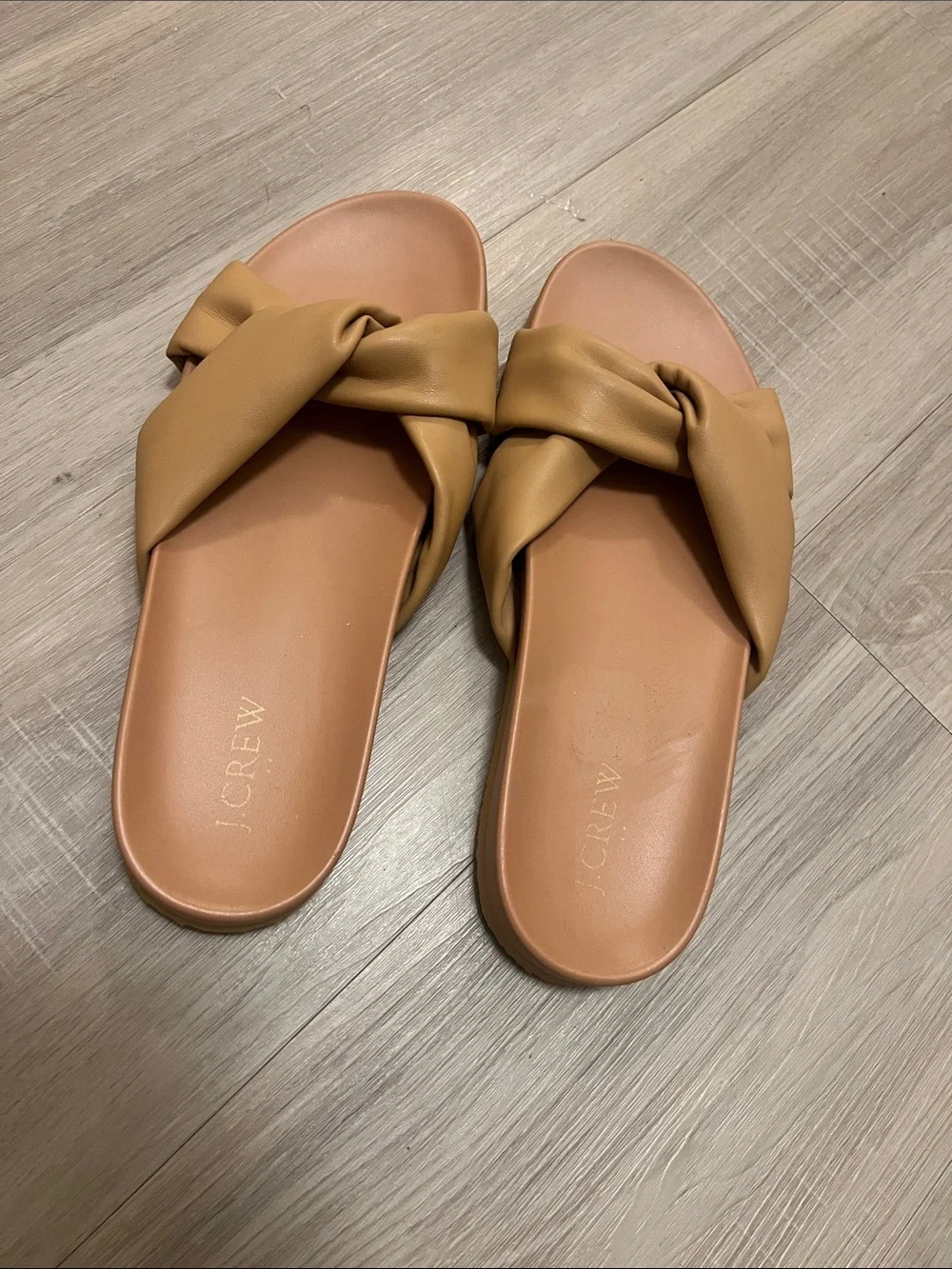 J. Crew Tan Knot-Front Slide Sandals summer vacation resort